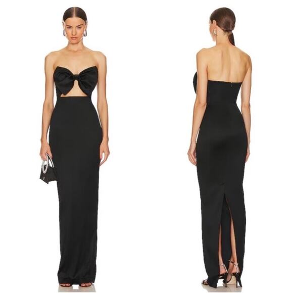 Sau Lee Esther Bow Detail Cutout Satin Strapless Black Maxi Dress Size 2 - Picture 1 of 14